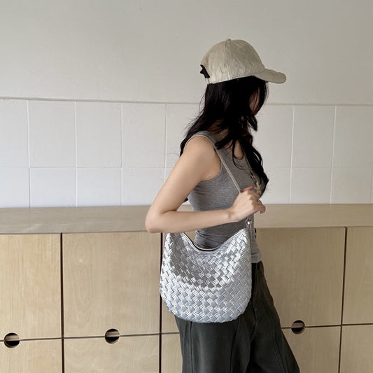 Metallic Woven Leather Shoulder Bag - Soft Shell Hobo