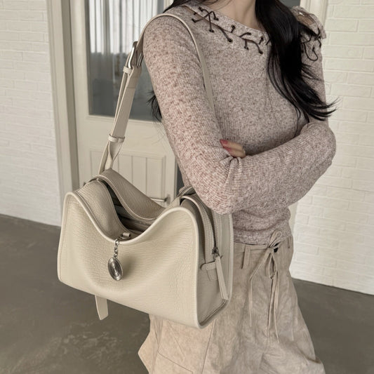 Leather Boxy Shoulder Bag with Metal Plaque