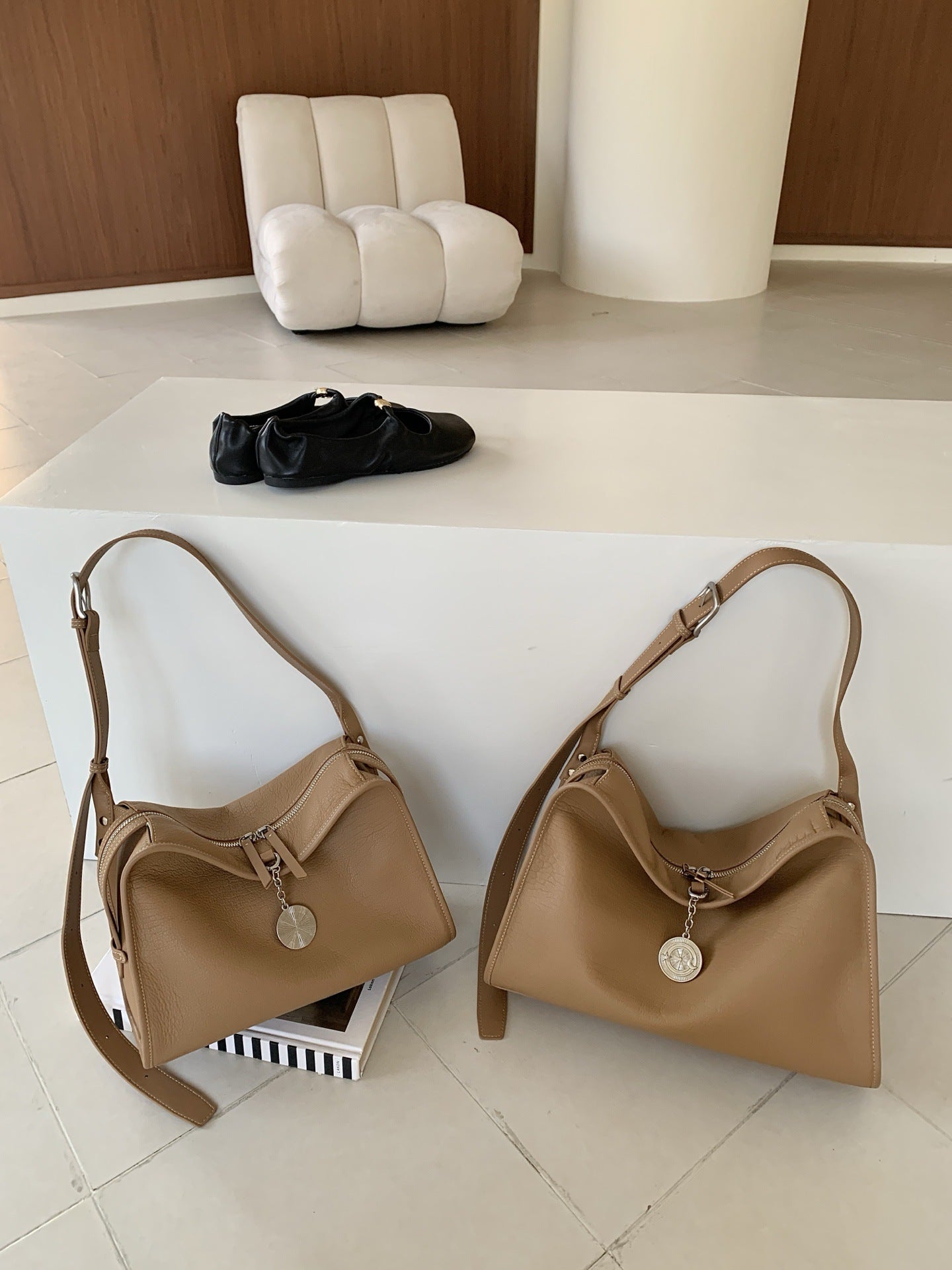 Leather Boxy Shoulder Bag with Metal Plaque