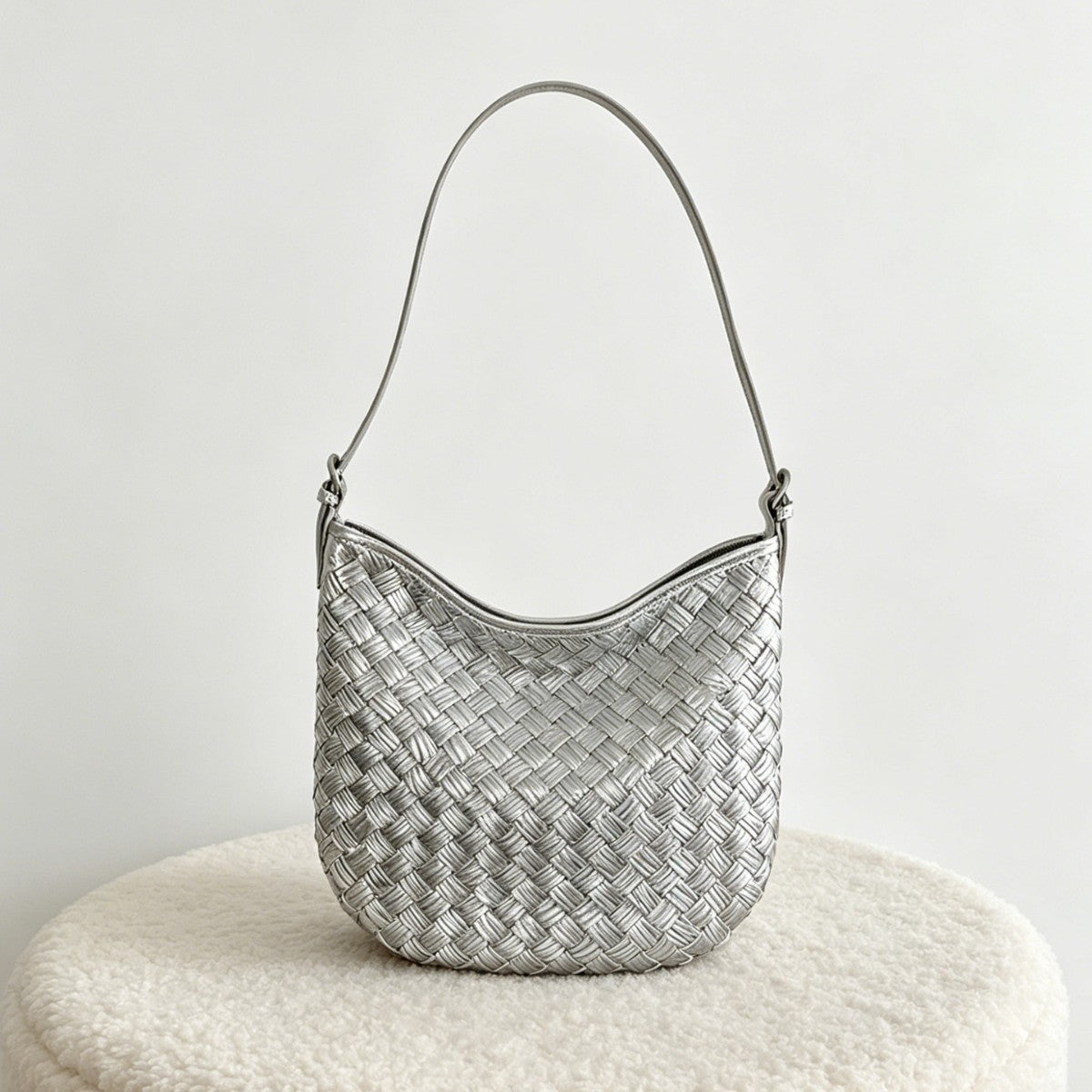 Metallic Woven Leather Shoulder Bag - Soft Shell Hobo