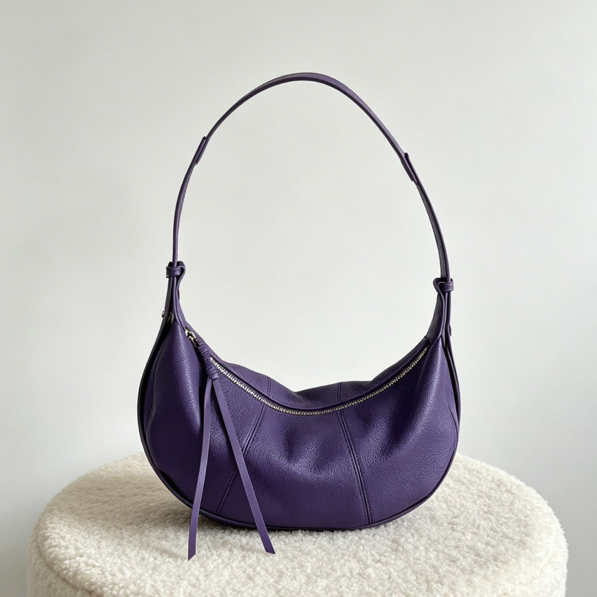 Top Grain Leather Hobo Bag with Long Zipper Pull