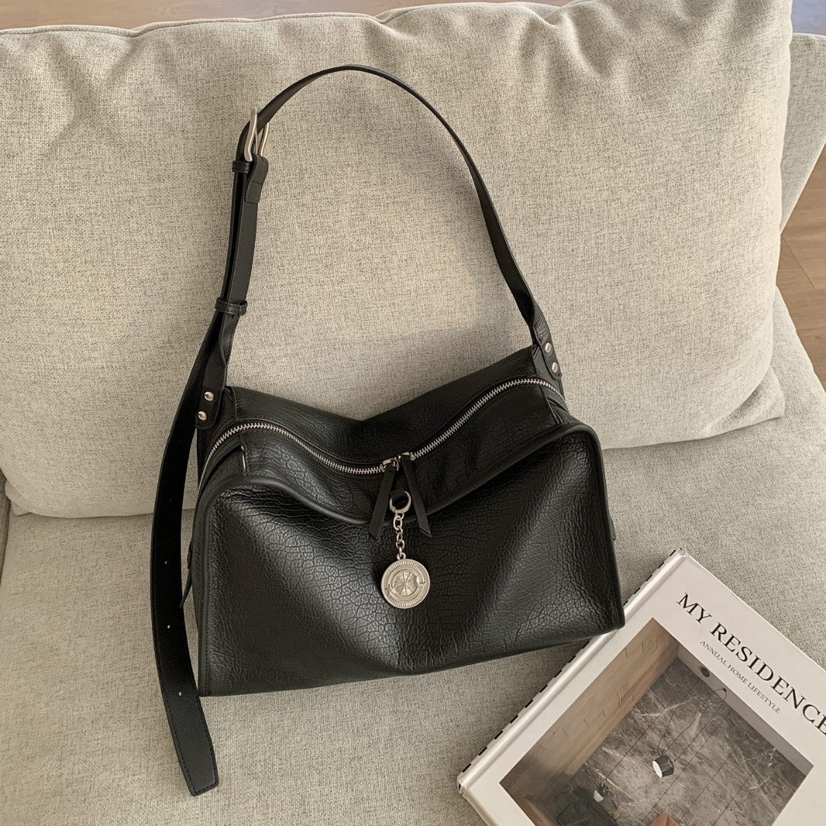 Leather Boxy Shoulder Bag with Metal Plaque