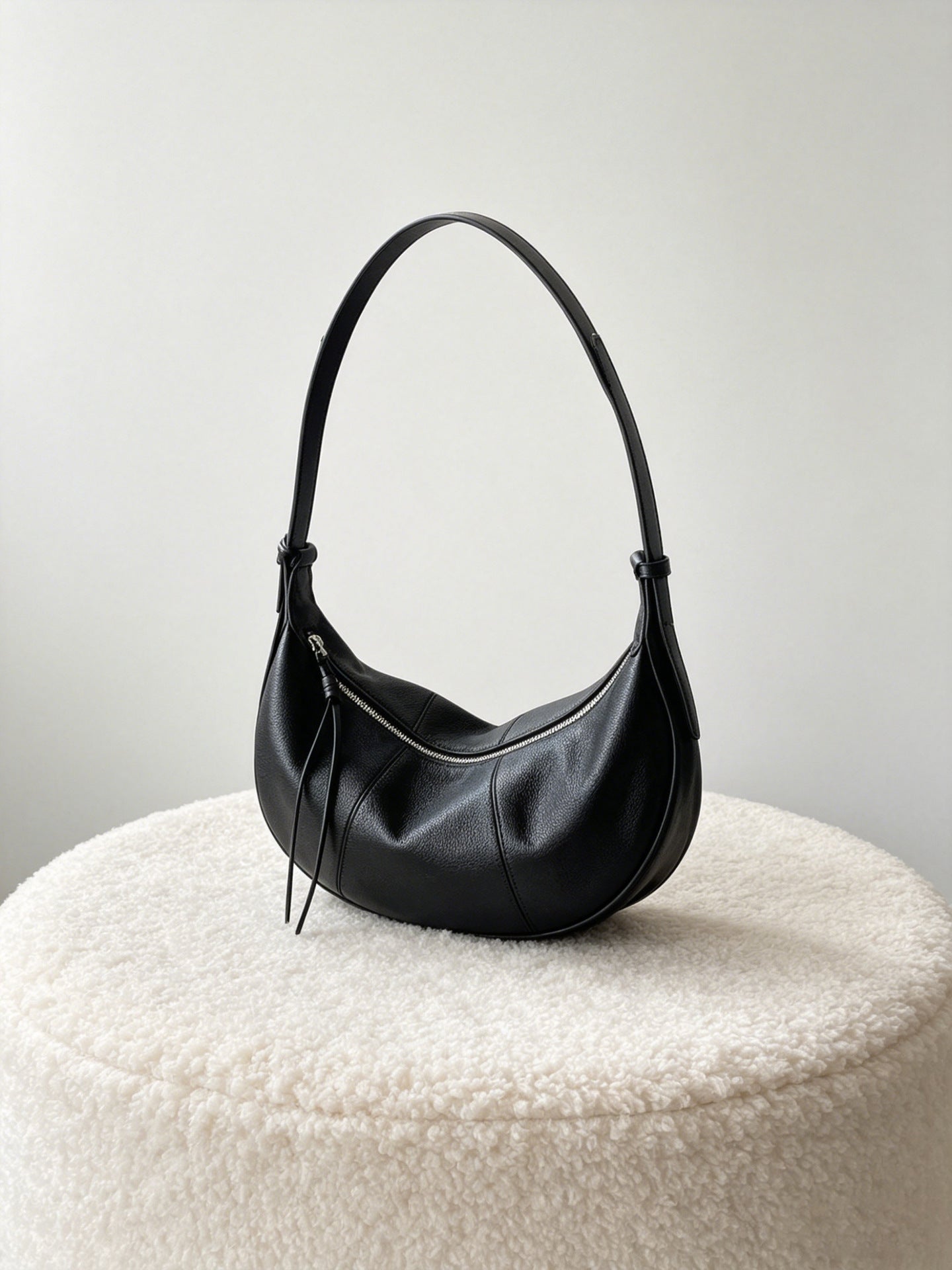 Top Grain Leather Hobo Bag with Long Zipper Pull