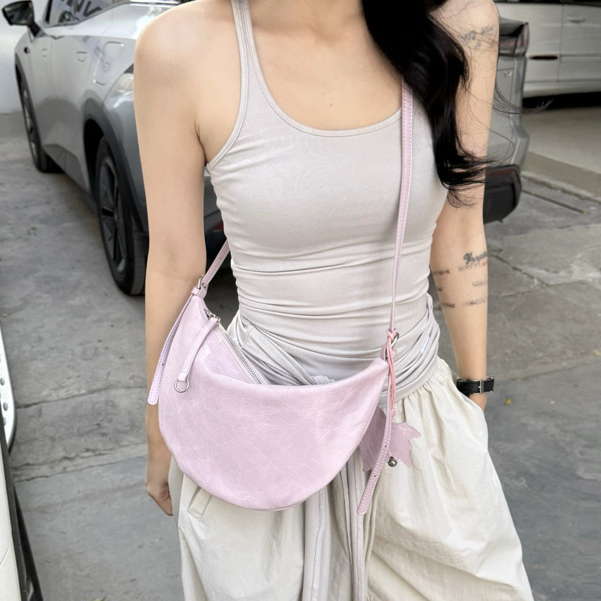 Top Grain Leather Crescent Hobo Shoulder Bag