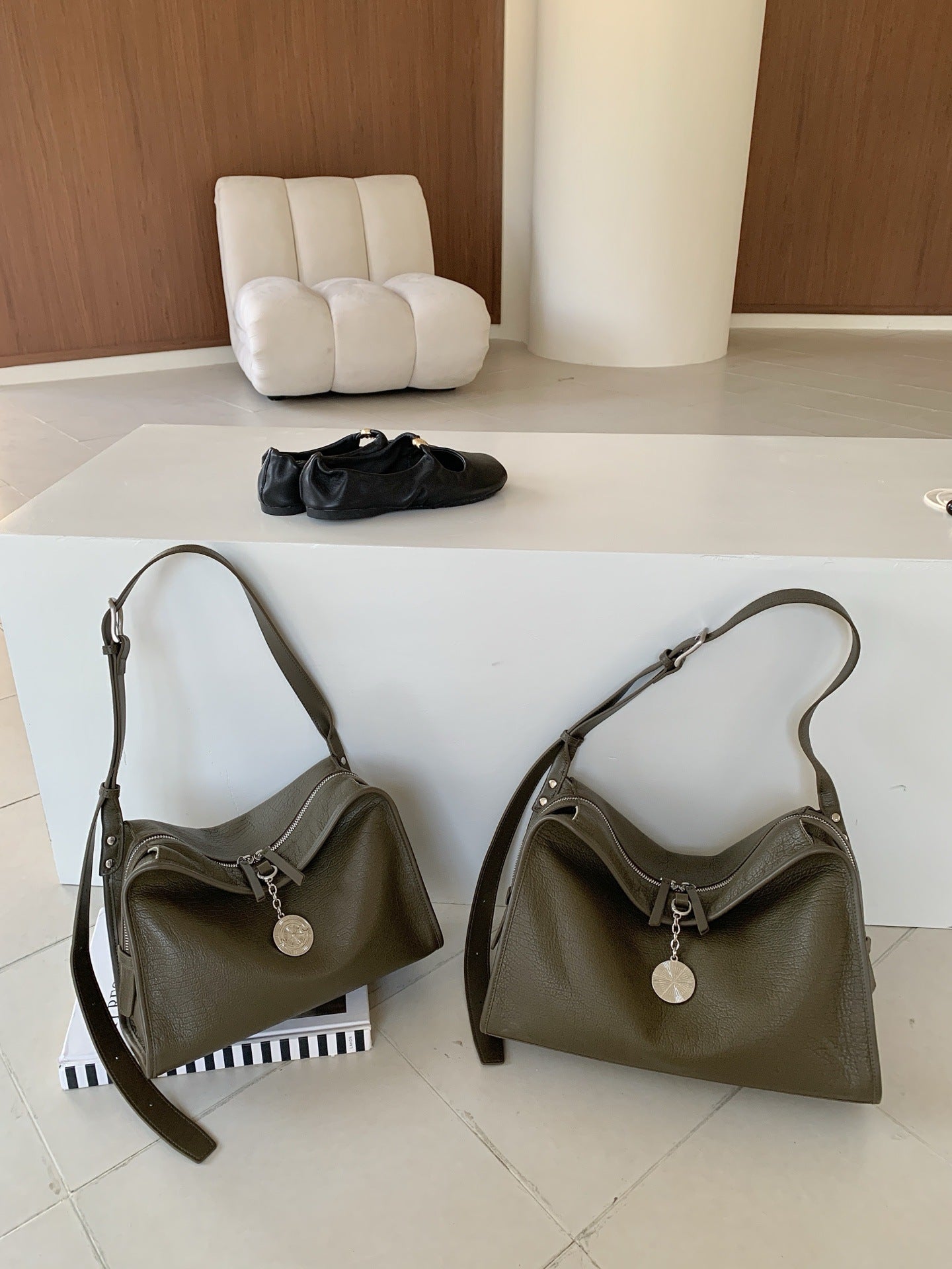 Leather Boxy Shoulder Bag with Metal Plaque