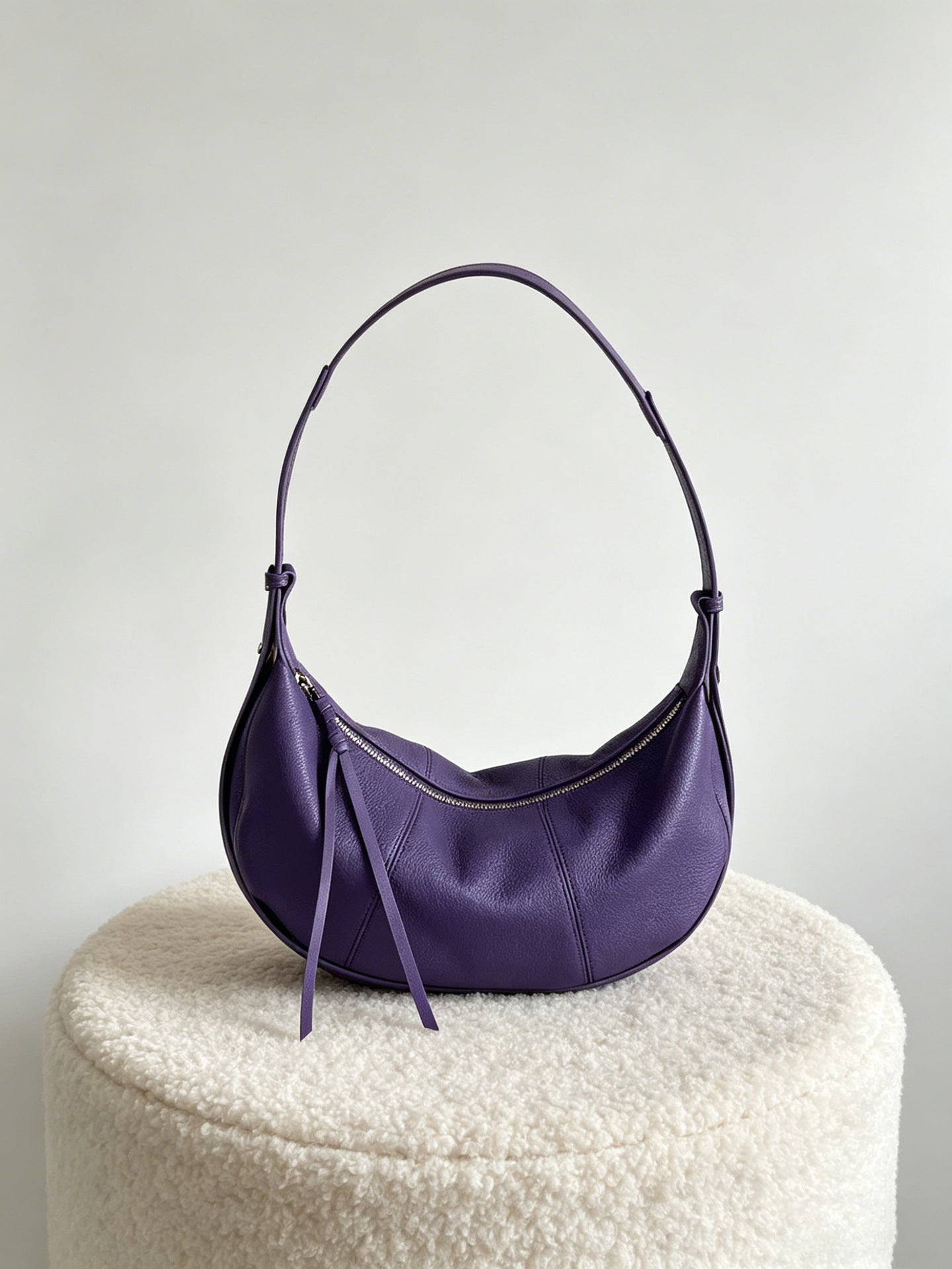 Top Grain Leather Hobo Bag with Long Zipper Pull