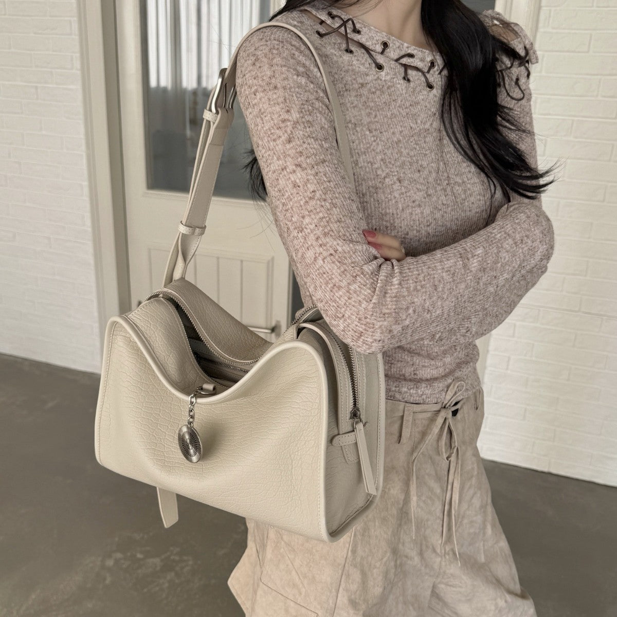 Leather Boxy Shoulder Bag with Metal Plaque