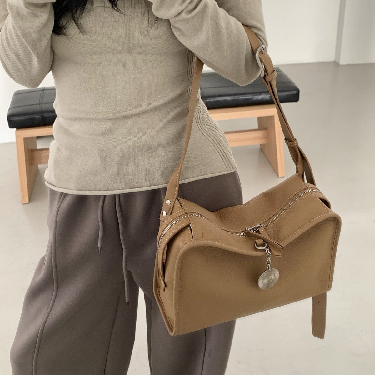 Leather Boxy Shoulder Bag with Metal Plaque