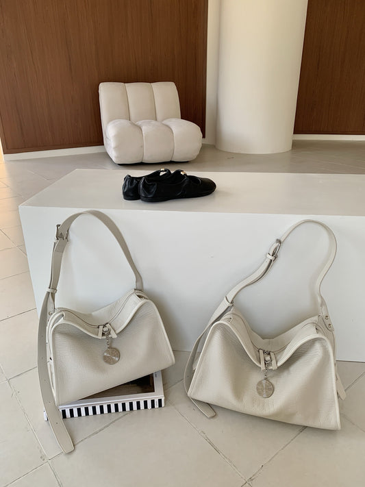 Leather Boxy Shoulder Bag with Metal Plaque