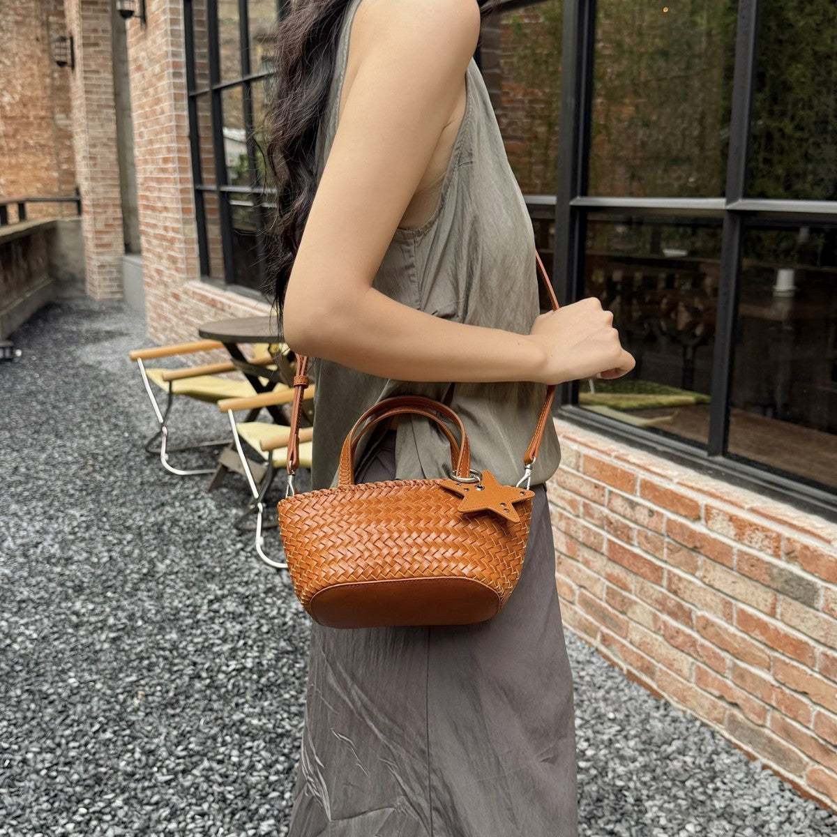 Woven Leather Mini Tote Bag with Star Charm