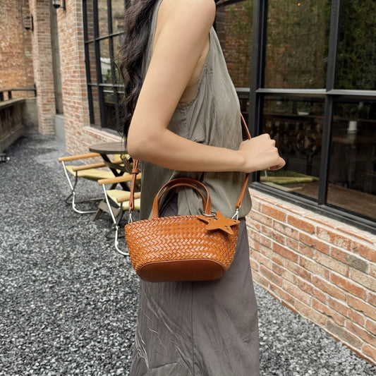 Woven Leather Mini Tote Bag with Star Charm