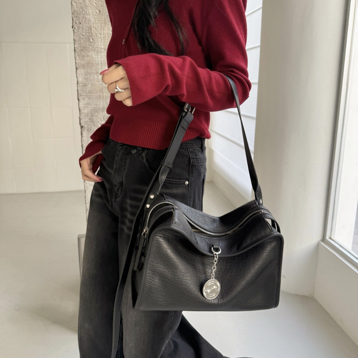 Leather Boxy Shoulder Bag with Metal Plaque
