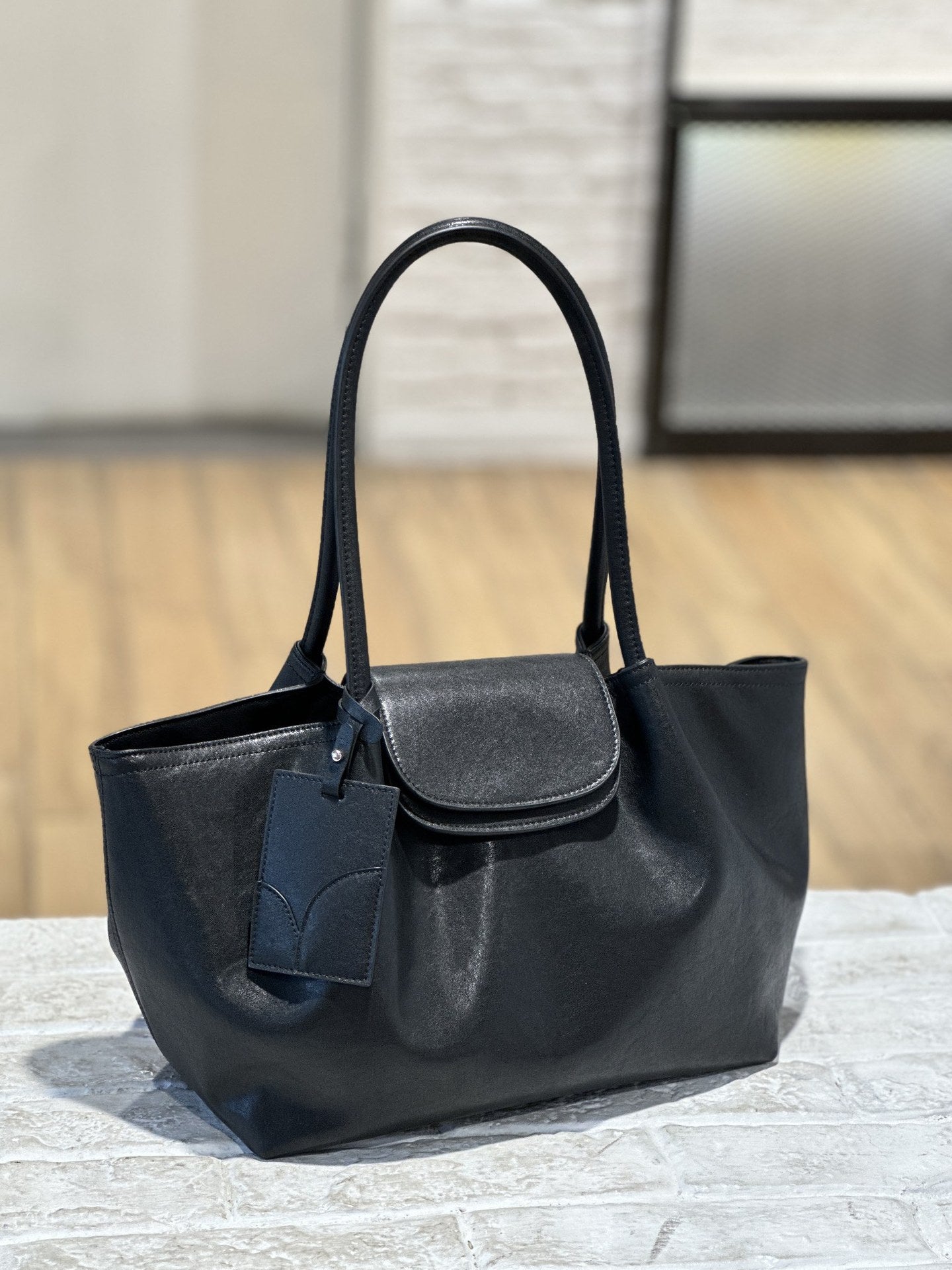 Vegetable Tanned Leather Tote Bag with Flap Closure
