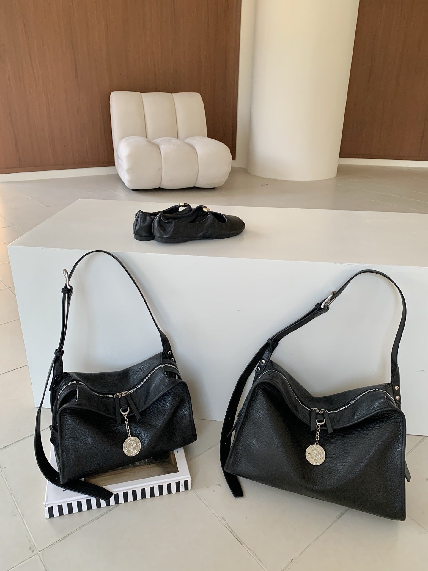 Leather Boxy Shoulder Bag with Metal Plaque