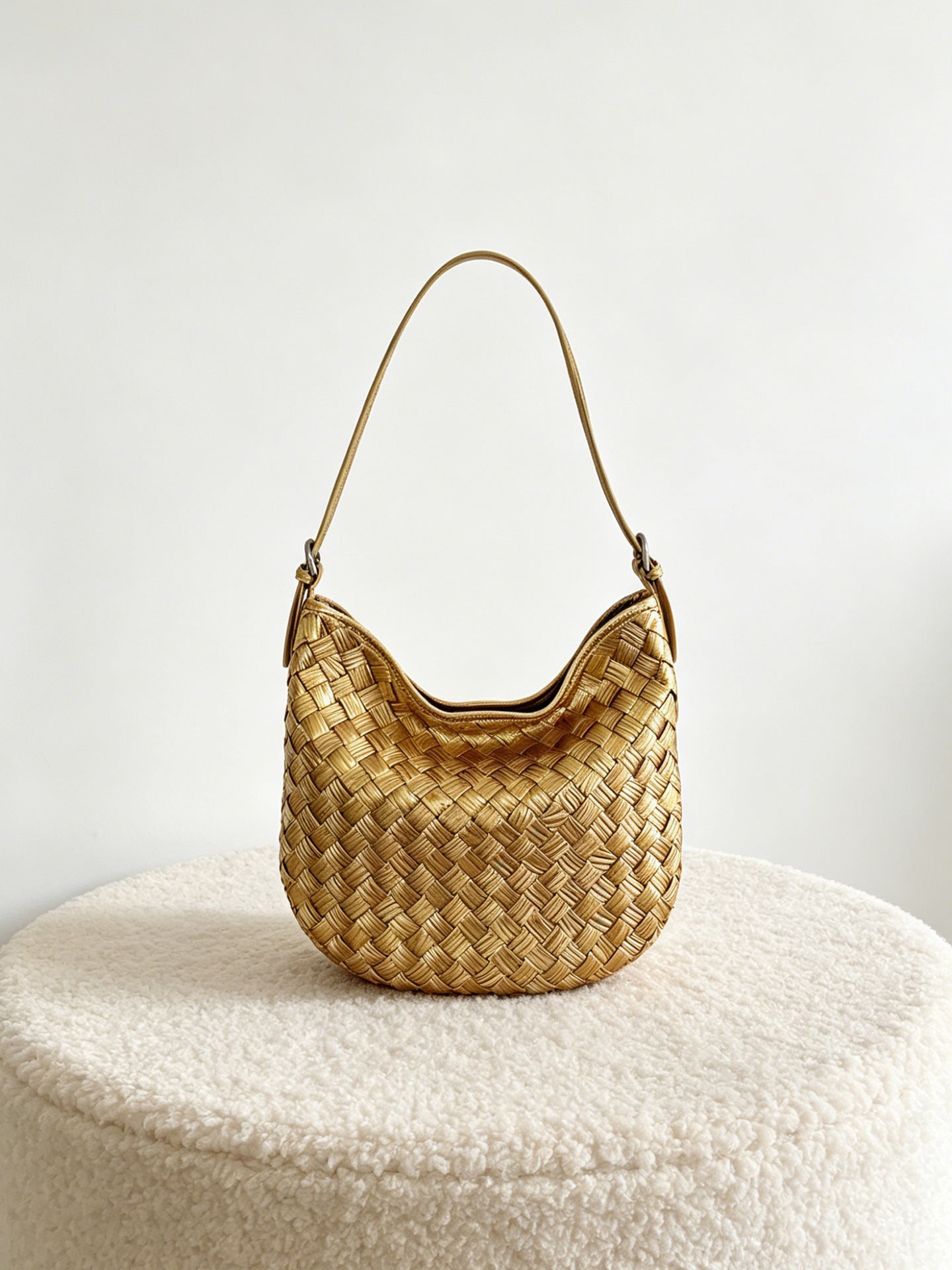 Metallic Woven Leather Shoulder Bag - Soft Shell Hobo