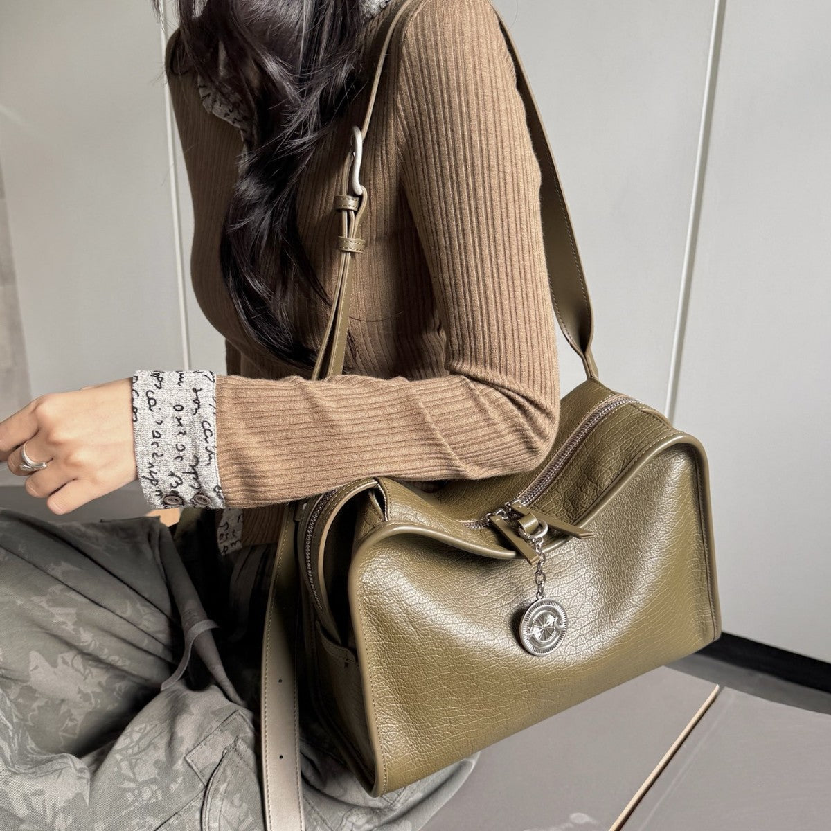 Leather Boxy Shoulder Bag with Metal Plaque