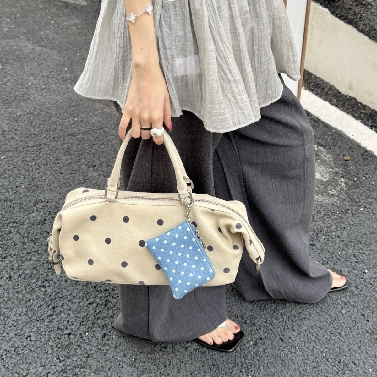 Leather Polka Dot Satchel Bag with Coin Pouch