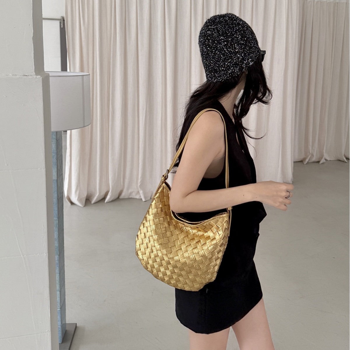 Metallic Woven Leather Shoulder Bag - Soft Shell Hobo