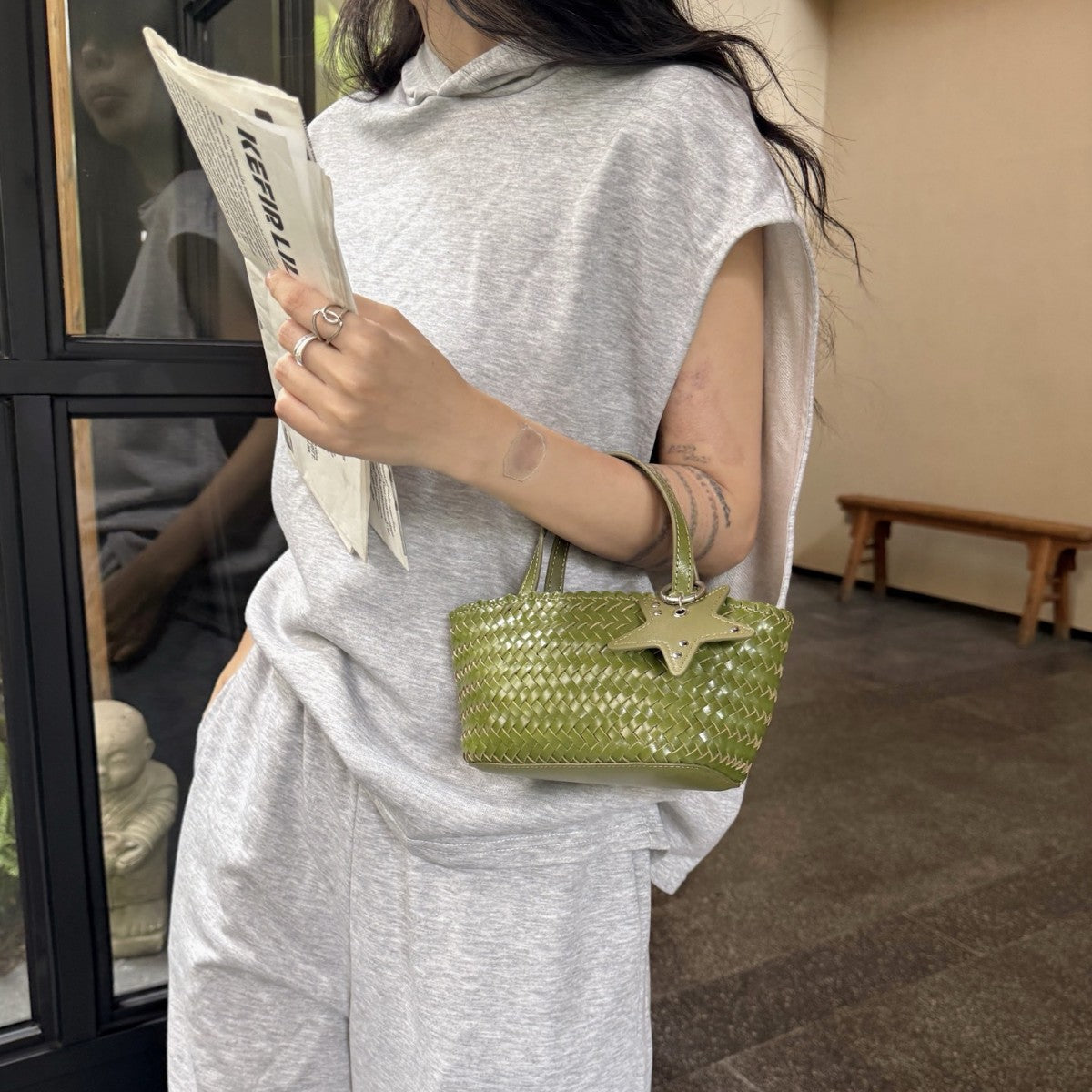 Woven Leather Mini Tote Bag with Star Charm