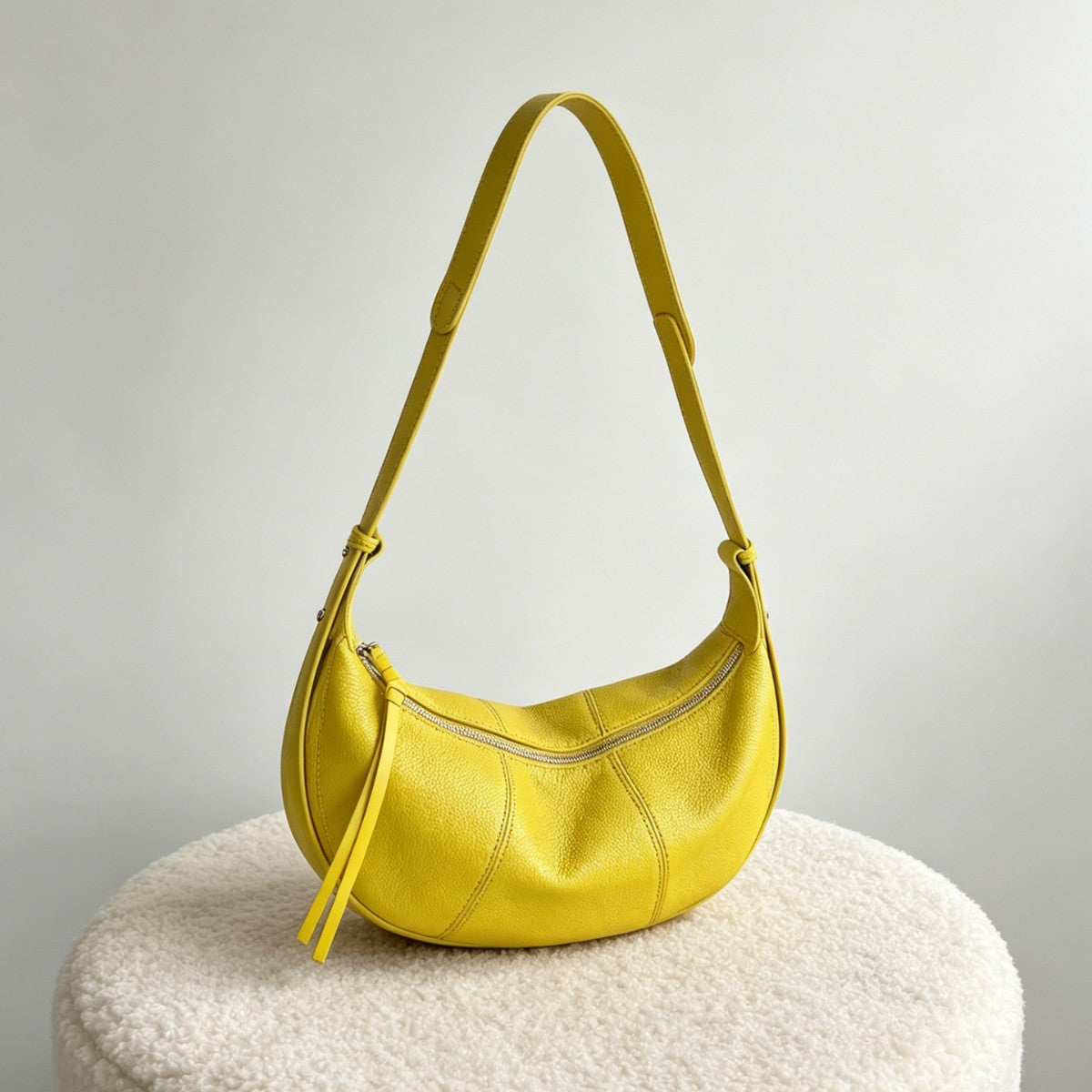 Top Grain Leather Hobo Bag with Long Zipper Pull