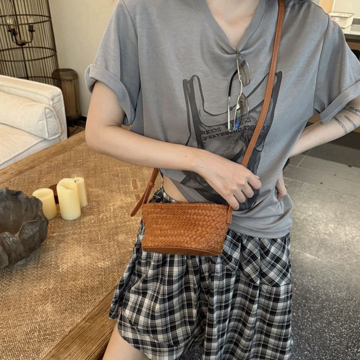 Woven Leather Baguette Bag - Mini Shoulder Purse